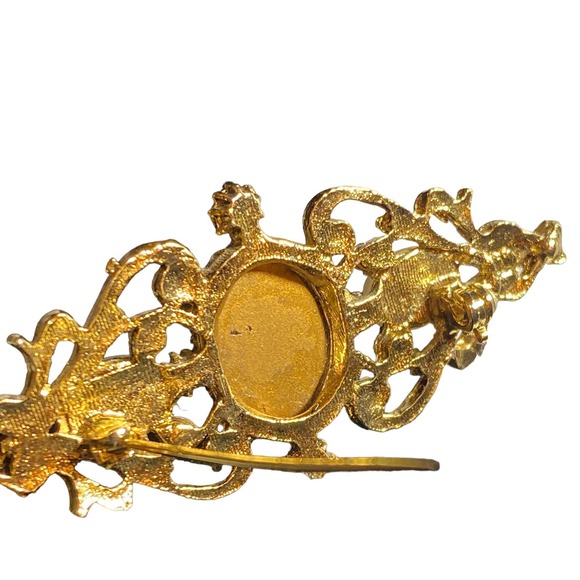 Unsigned Vintage Brooch Pin Gold Tone Scrolled Rhinestone & Pearl 2.5" Jewelry - Picture 3 of 7